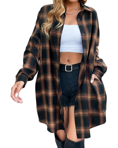 Limited time sale 🔥Women's Flannel Shirts Plaid Shacket Collared Long Jacket Coats