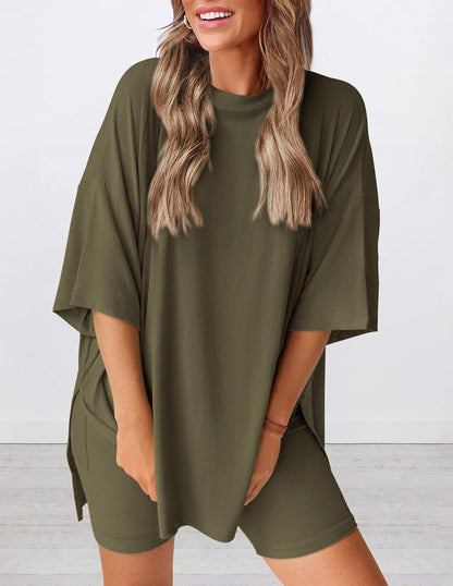 Limited time sale🔥Women's Oversized Casual T-Shirt Shorts Suit Stretch Two-Piece Set