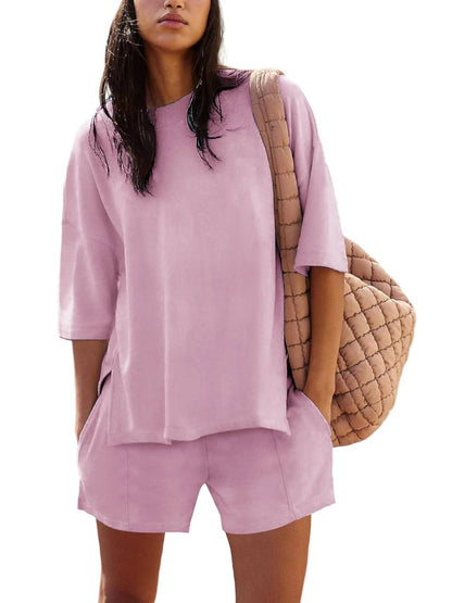 Women's Casual Solid Color Suit with Slit Top and Shorts