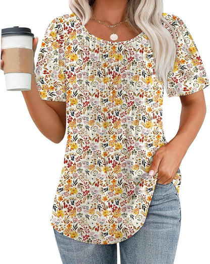Limited time sale🔥Women Summer Pleated Short Sleeve Tunic Blouses Tops
