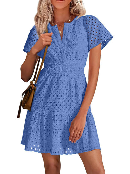 Limited time sale🔥Women's V Neck Short Sleeve A Line Hollow Out Lace Dress