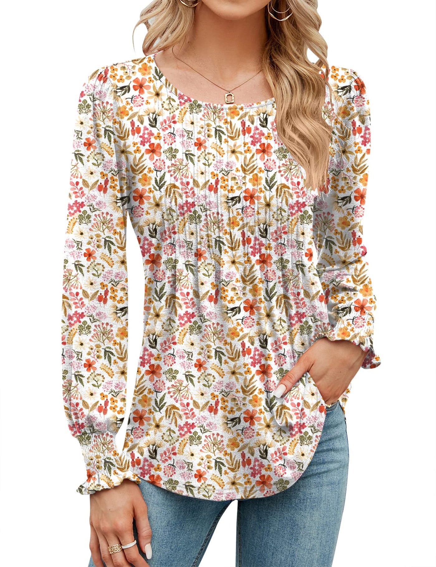✨Puff Long Sleeve Pleated Crew Neck Tunic Top