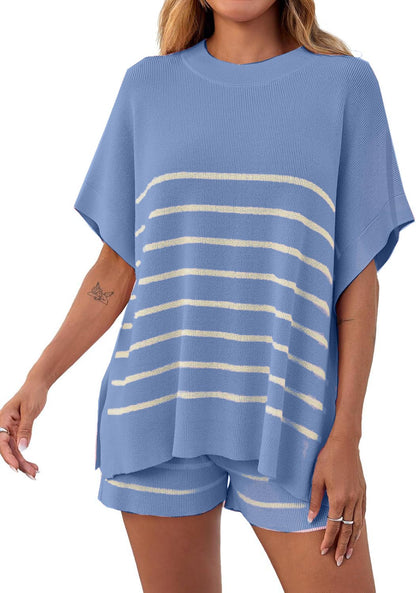 Women's Striped Two-Piece Oversized Batwing Sleeve Short Sleeve Top and Shorts Set