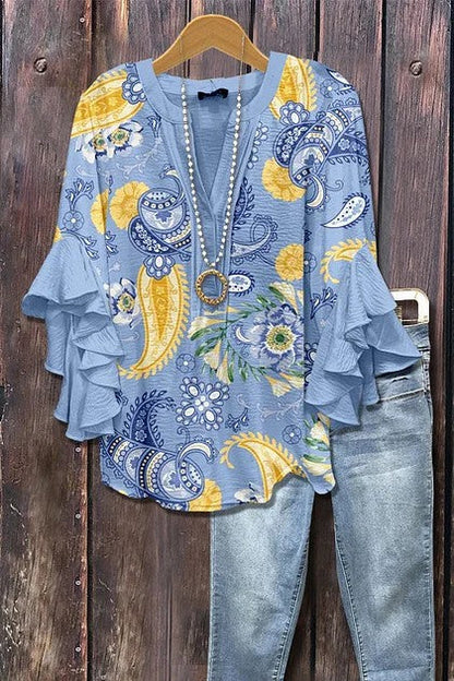 Women's Mixed Floral Print Ruffle Bell Sleeve Top
