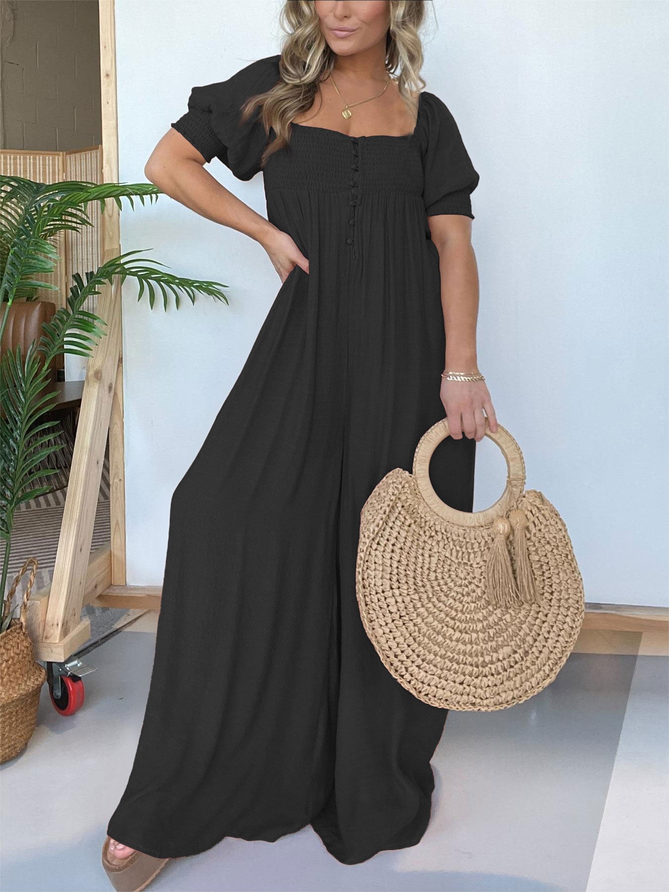 Hot Sale 2024 New Square Neckline Jumpsuit with Smocked Bodice Button (Buy 2 Free Shipping)