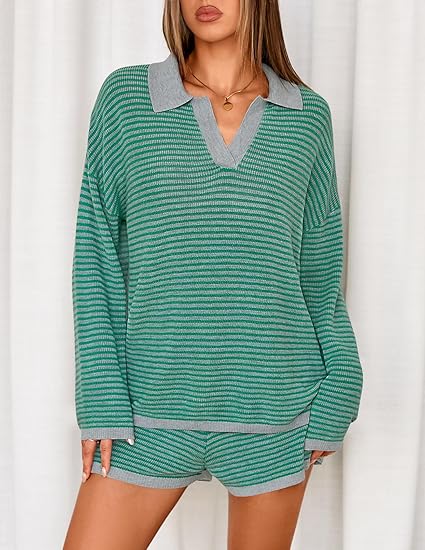 Casual Long Sleeve Striped Tops Shorts Matching Set
