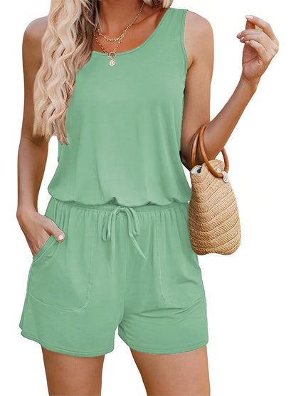 Women's Sleeveless Scoop Neck Tank Short Rompers with Pockets