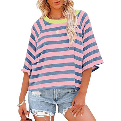 Women Summer Striped  Color Blocking T Shirts Tee