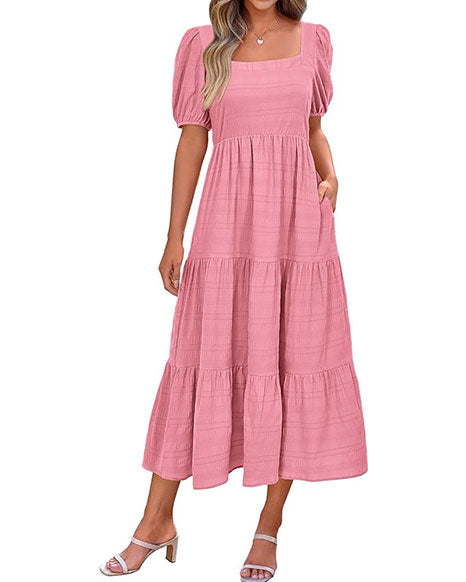 Women's Summer Puff Sleeve Loose Fit Midi Dress （BUY 2 FREE SHIPPING)