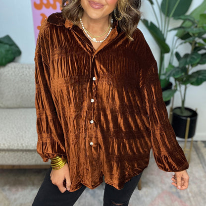 Women's Shirred Velvet Button Down Top (Buy 2 Free Shipping)