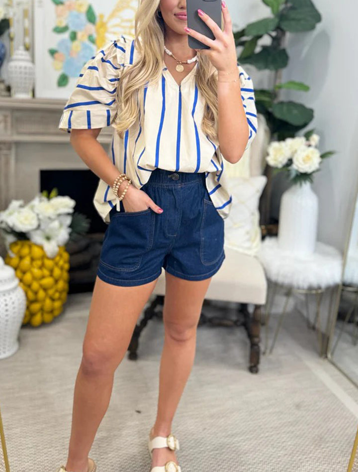 Striped Notch Neck Short Sleeve Blouse（Buy 2 Free Shipping）