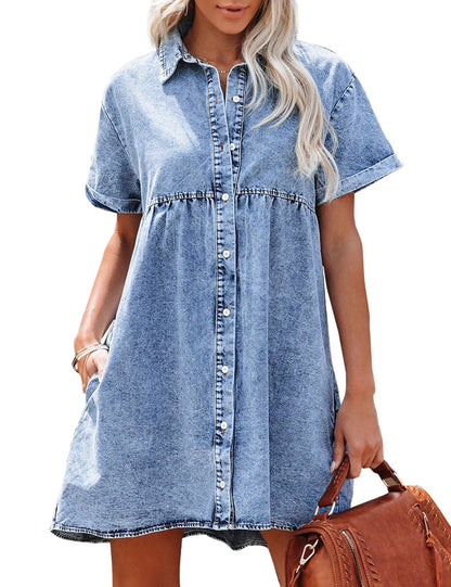 Limited time sale🔥Women's Short Sleeve Button Denim Shirt Dress