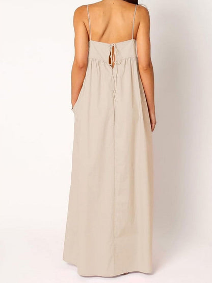 Women's Summer Backless Tied Spaghetti Straps Casual  Cutout Maxi Dress with Pockets