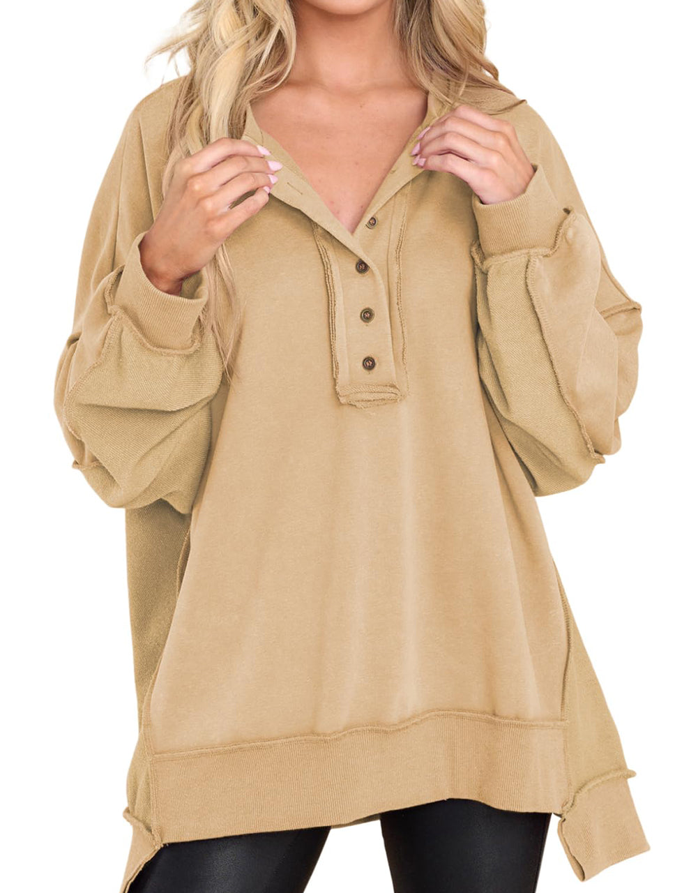 Limited time sale🔥Women's Oversized Henley Casual Buttoned Sweatshirt