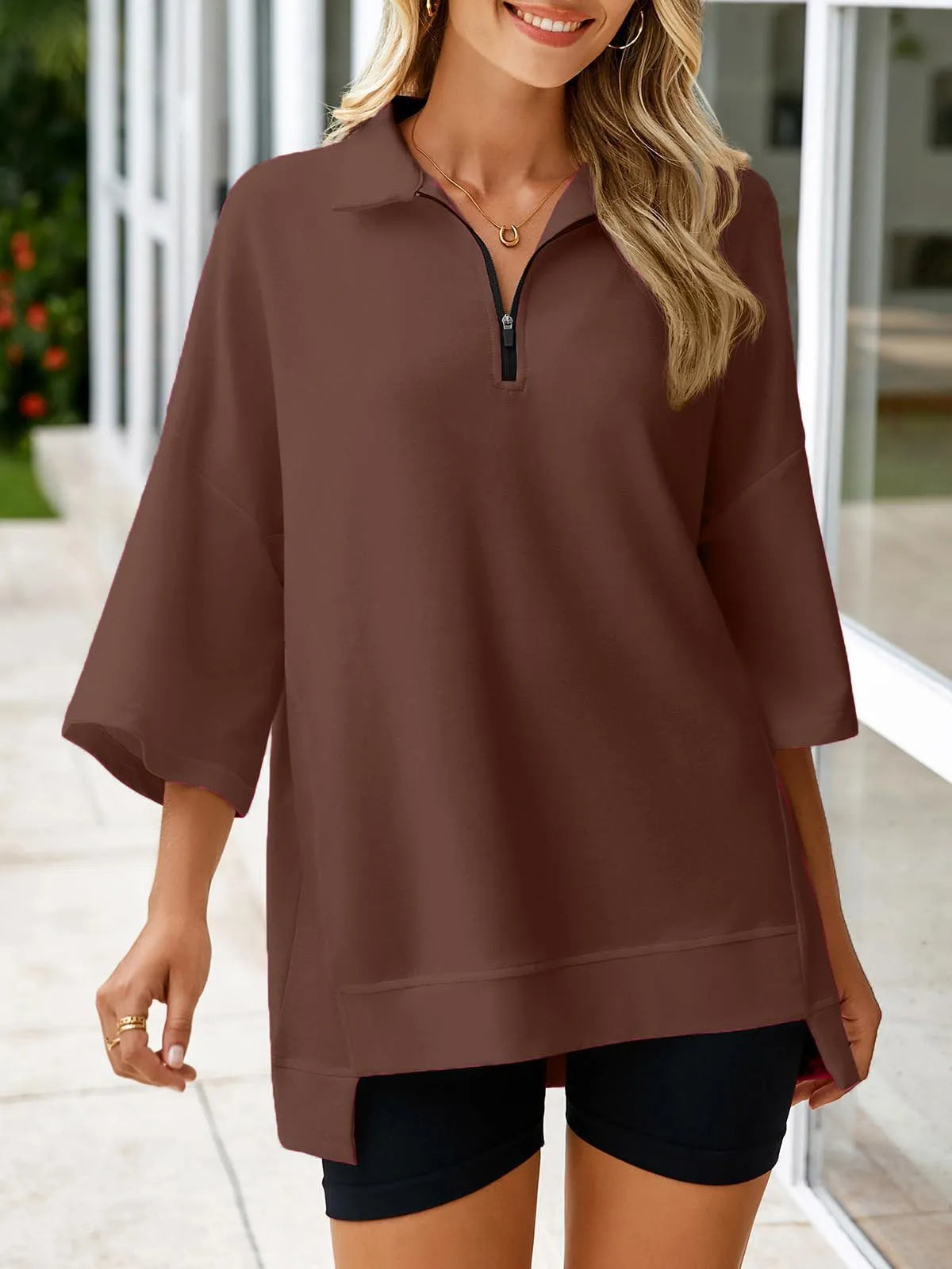 Women's Oversized 3/4 Sleeve Zipper Pullover