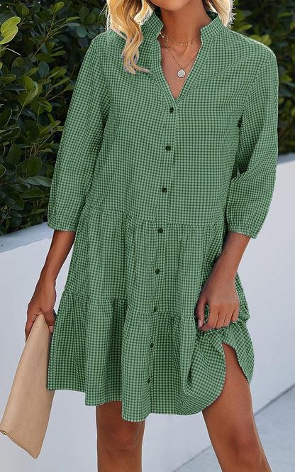 Limited time sale🔥Women's Button Down 3/4 Sleeve Gingham Shirt Dress