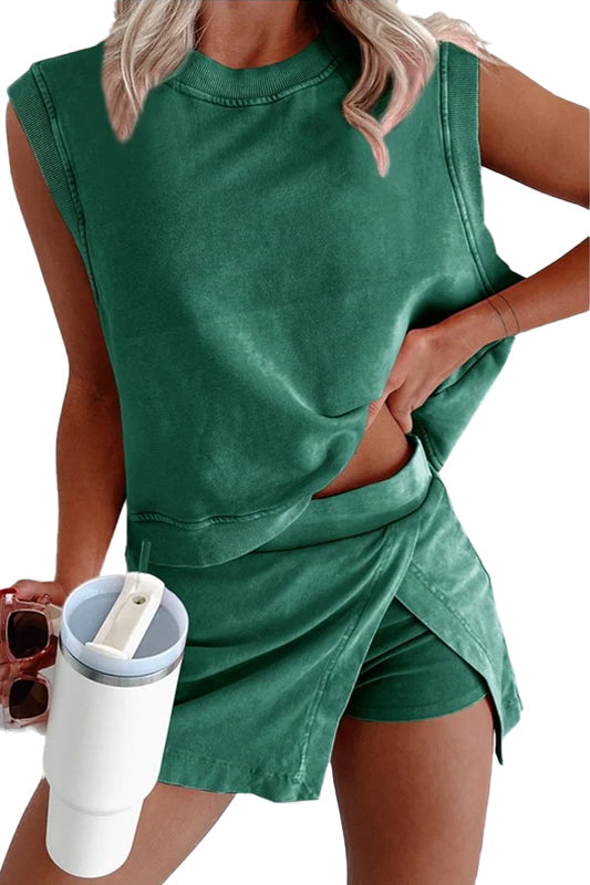 Limited time sale🔥Womens Mineral Wash Comfy Tank Top Lined Split Athletic Skirt Set