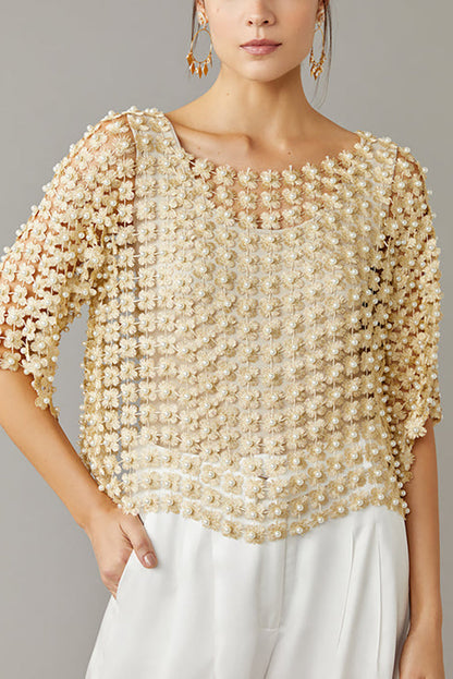 HOT SALE Women's Beaded Floral Cutout Long Sleeve Top Coverup