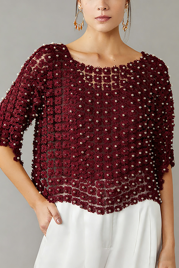 HOT SALE Women's Beaded Floral Cutout Long Sleeve Top Coverup