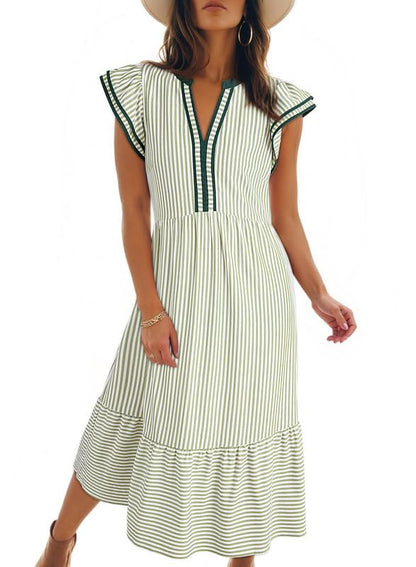 Limited time sale🔥Women's V-Neck Ruffle Striped Beach Midi Maxi Dress with Pockets