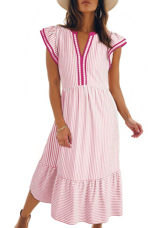 ⏰Hot Sale-Womens V-Neck Ruffle Striped Beach Midi Maxi Dress with Pockets