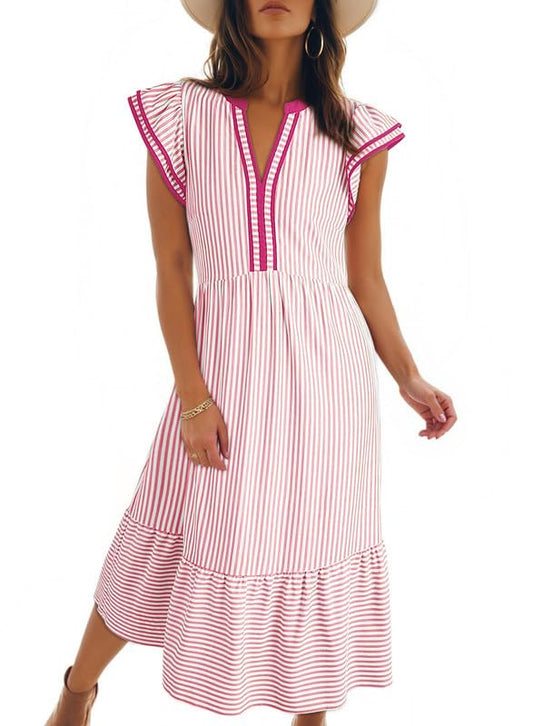 ⏰Hot Sale-Womens V-Neck Ruffle Striped Beach Midi Maxi Dress with Pockets