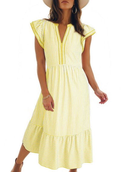 Limited time sale🔥Women's V-Neck Ruffle Striped Beach Midi Maxi Dress with Pockets