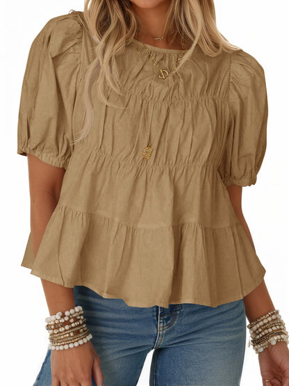 Limited time sale🔥Women's Puff Sleeve T-Shirts Smocked Peplum Blouse Casual Loose Fit Tops