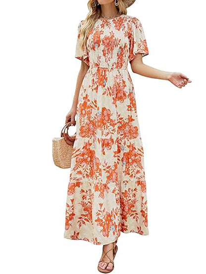 Women's Casual Floral Print Short Flutter Sleeve Smocked High Waist Flowy Maxi Dress