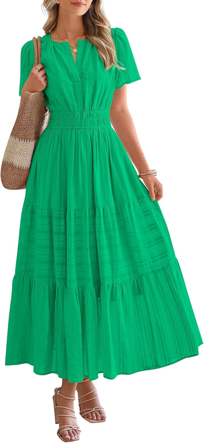 Limited time sale🔥Women's Lightweight Short Sleeve V Neck Elastic Waist Dresses