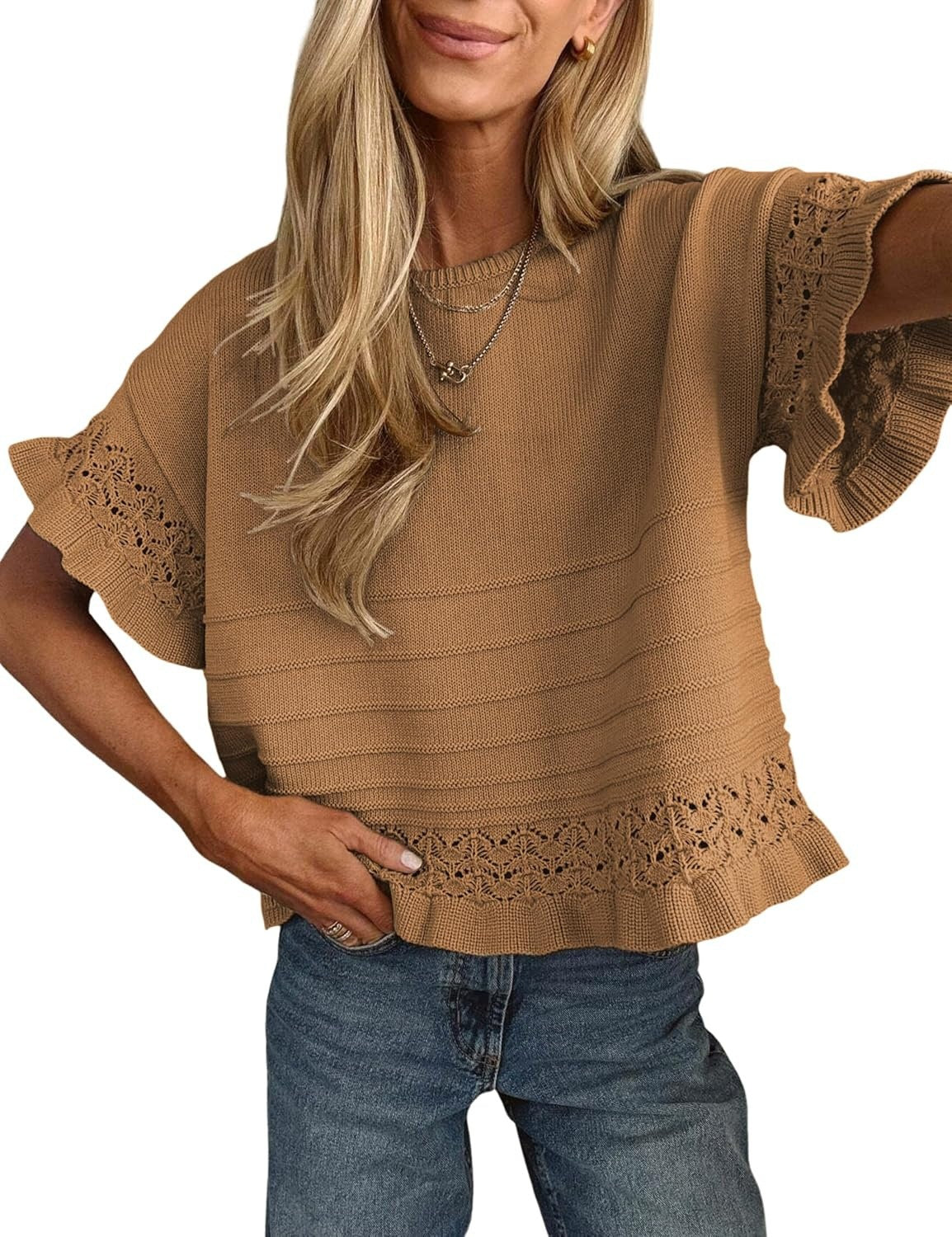 Women's Round Neck Ruffled Hem Knit Pullover Top