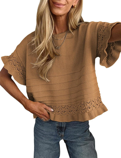 Women's Round Neck Ruffled Hem Knit Pullover Top