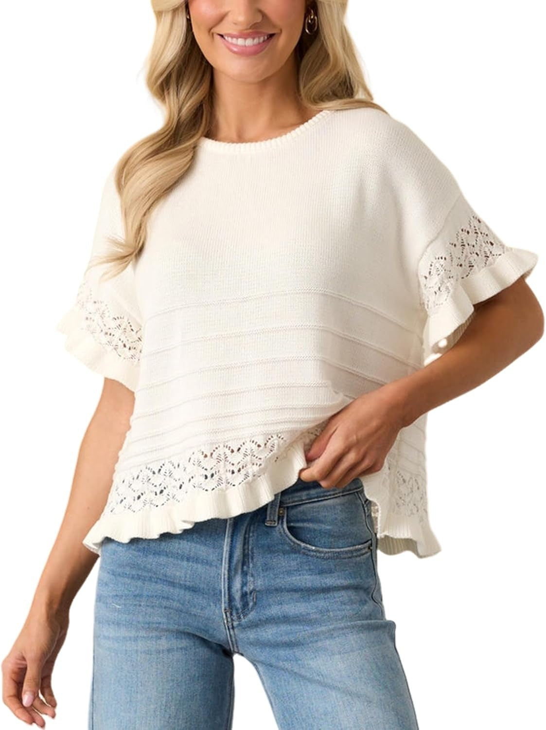Women's Round Neck Ruffled Hem Knit Pullover Top