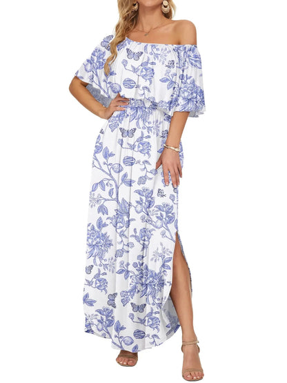 Women's Off-Shoulder Floral Maxi Dress with Pockets & Side Slit
