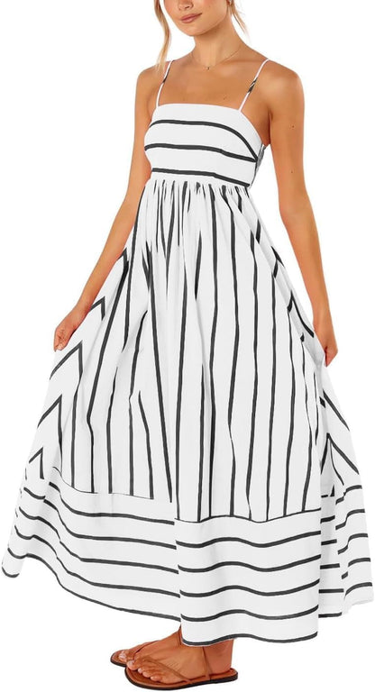 Women's Striped Back Smocked Maxi Dress Spaghetti Strap Long Dress