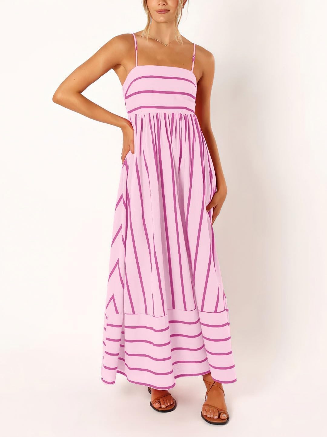 Women's Striped Back Smocked Maxi Dress Spaghetti Strap Long Dress