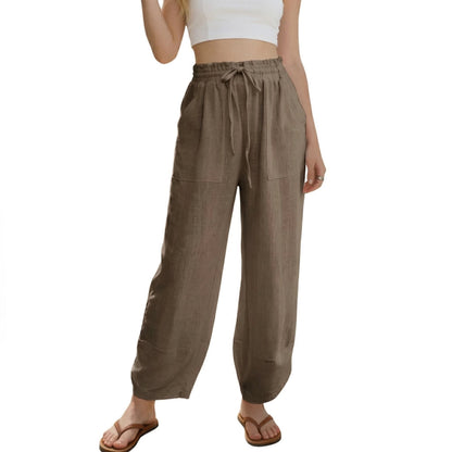 Women's Linen Drawstring Wide Leg Capri Harem Pants