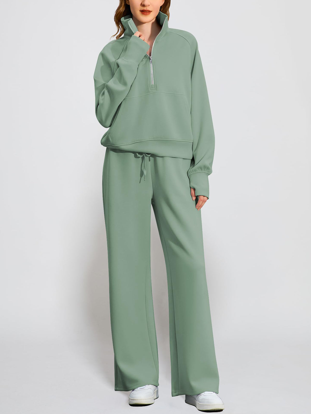 Women's Oversized Half Zip Wide Leg 2 Piece Outfits Lounge Set