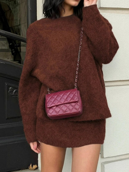 Women Knitted Sweater Set Crew Neck Long Sleeve Pullover With Midi Skirt