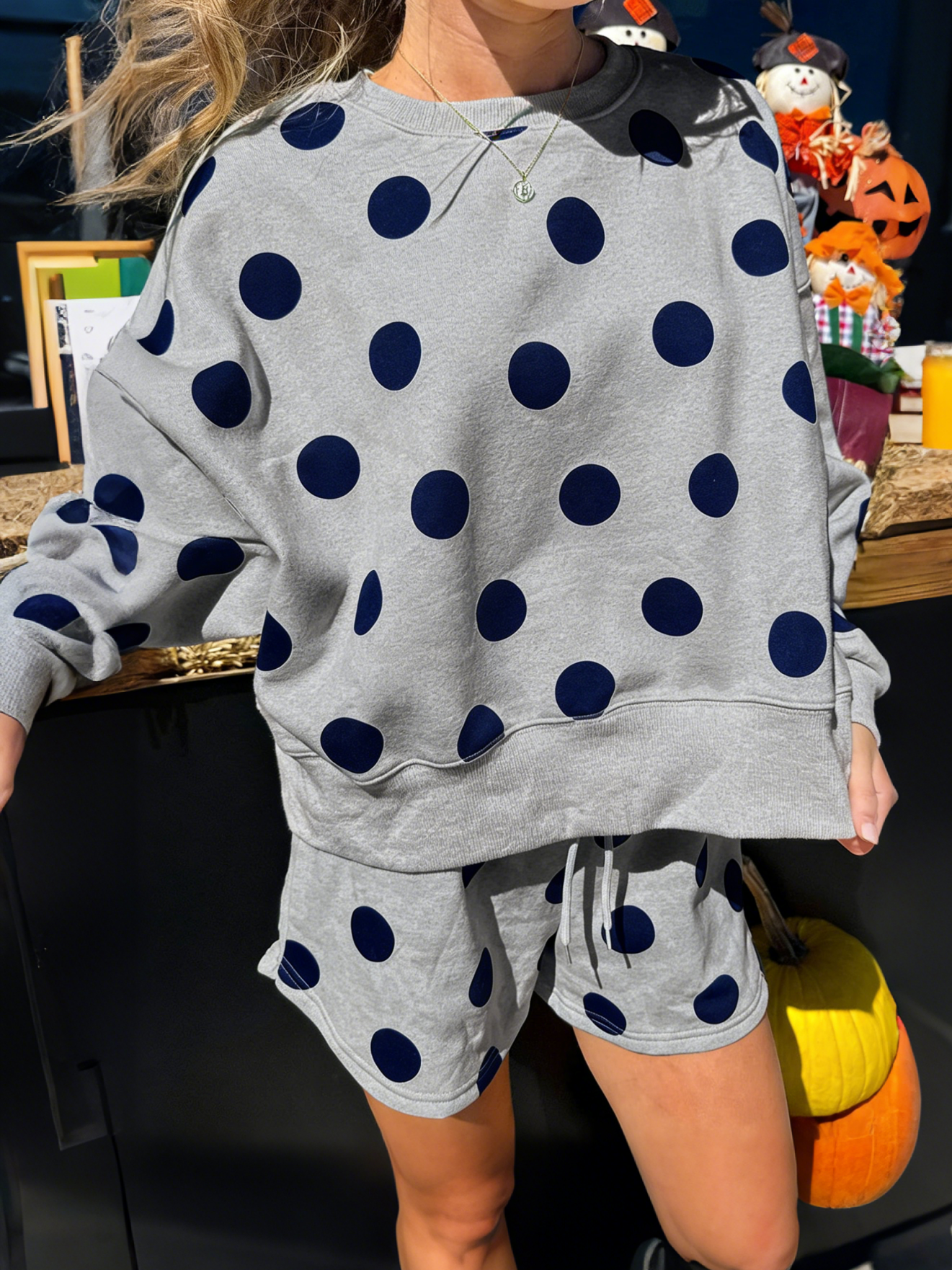 Women's Polka Dot Drop Shoulder Loungewear Set