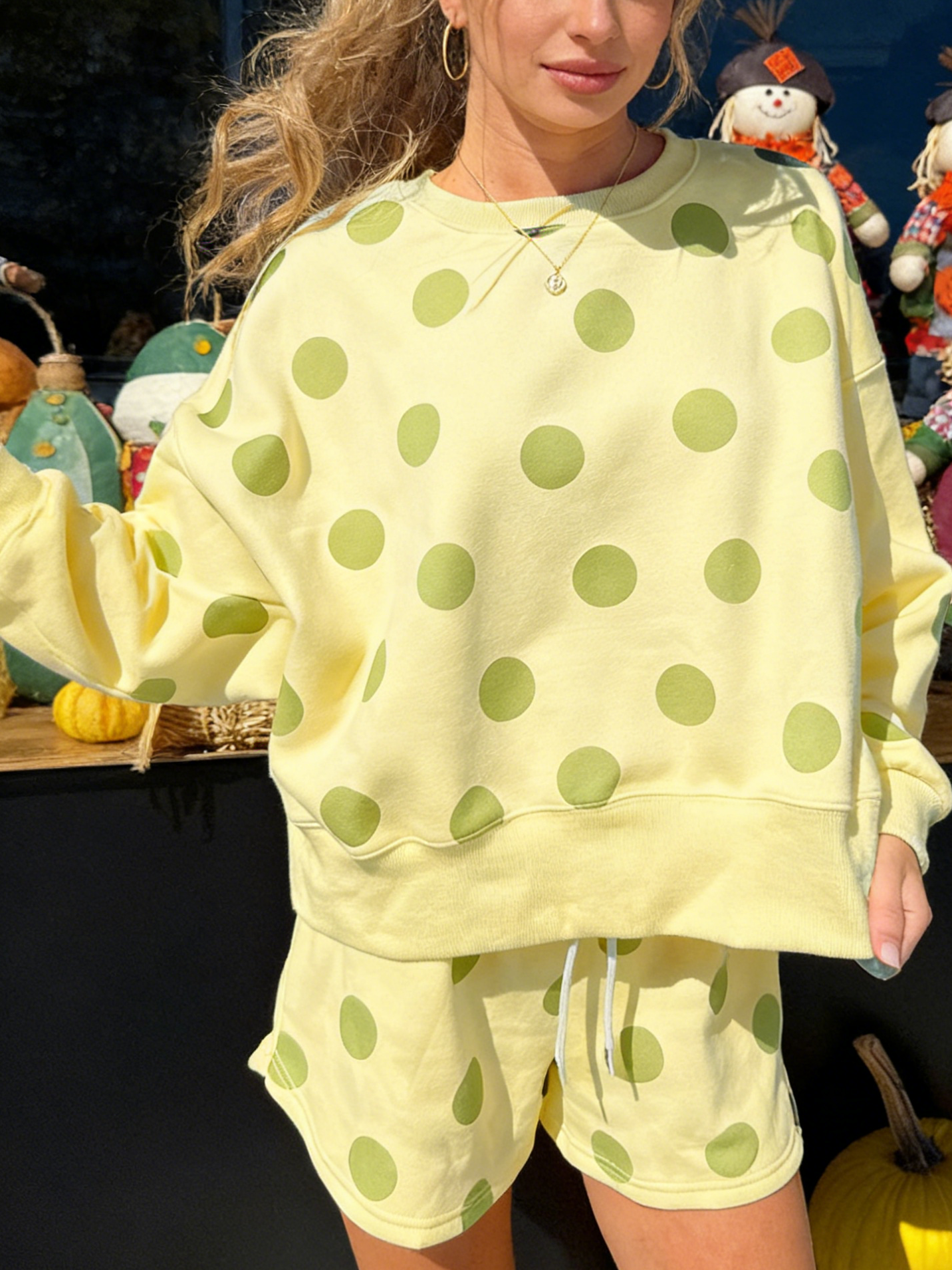 Women's Polka Dot Drop Shoulder Loungewear Set