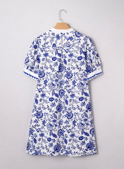 Limited time sale🔥Women's Floral Print V Neck Ricrac Trim Puff Sleeve Dress