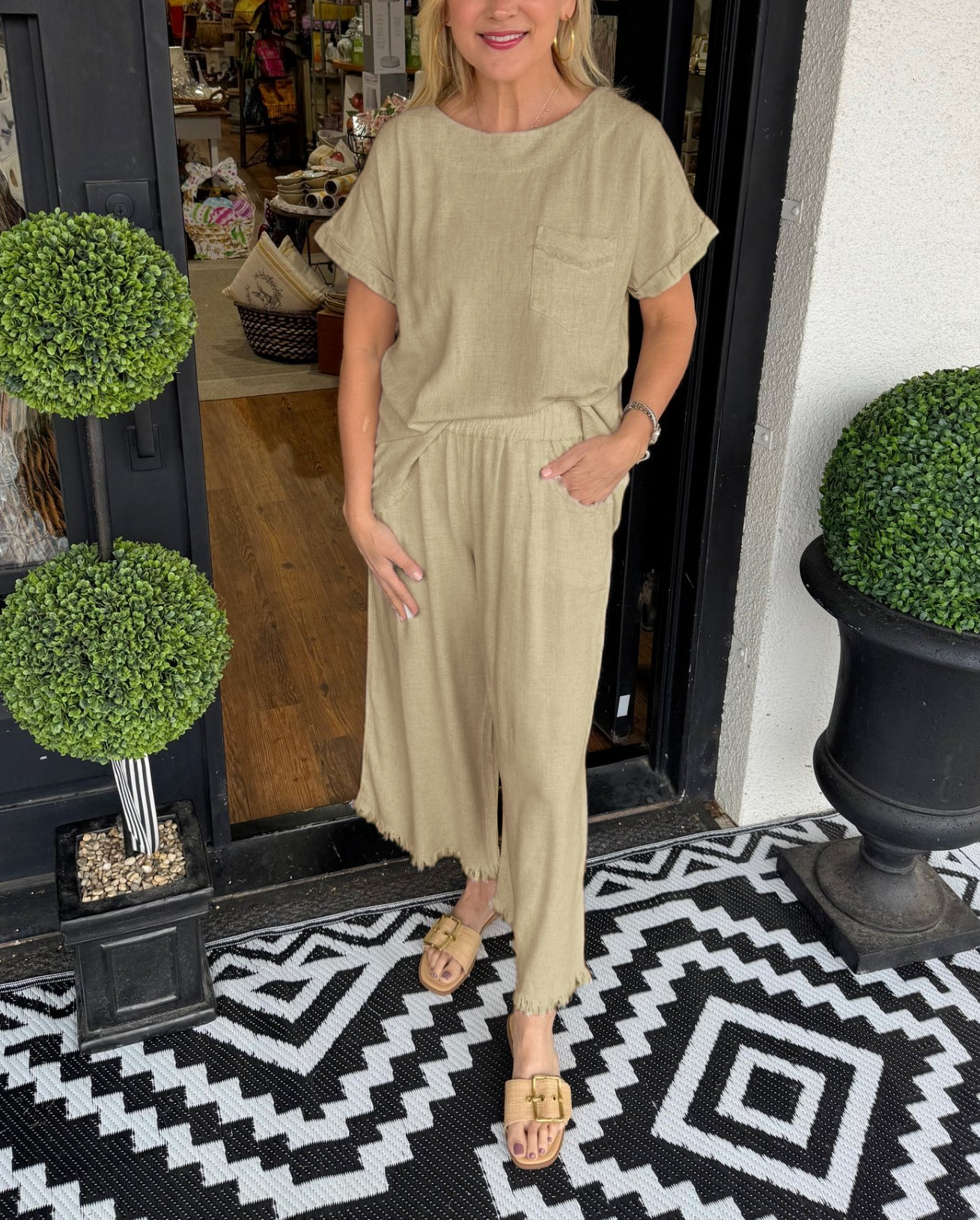 Women's Casual Solid Cotton Linen Lounge Set