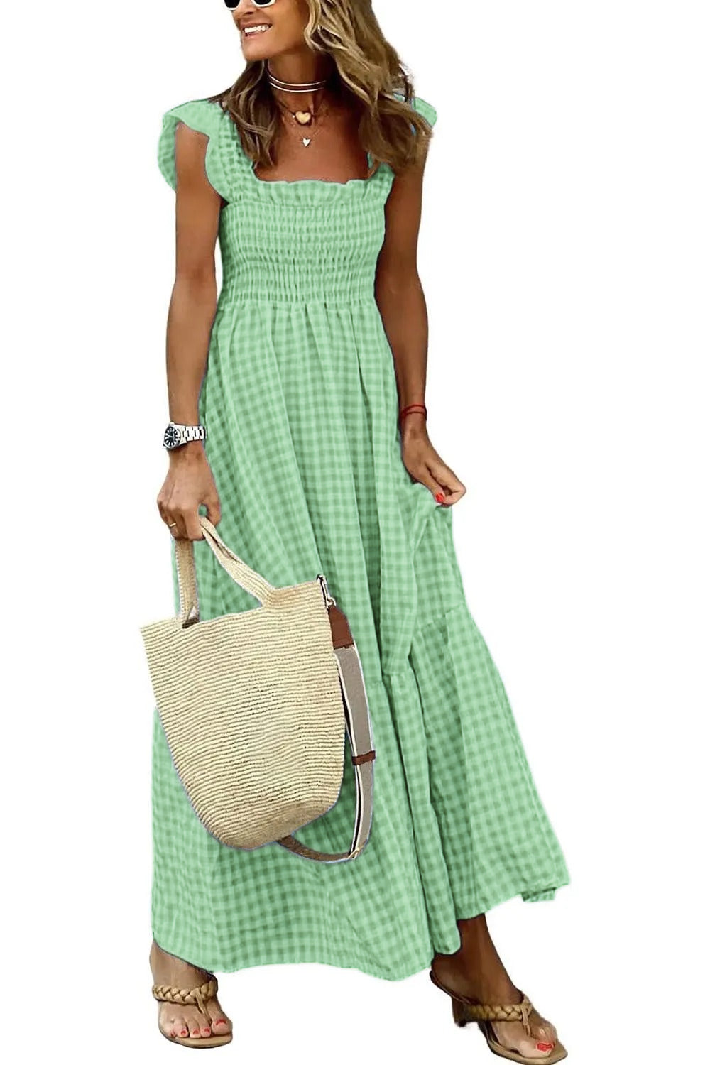 Women's Retro Plaid Smocked Dress Spaghetti Strap Flounce Long Dress With Pockets