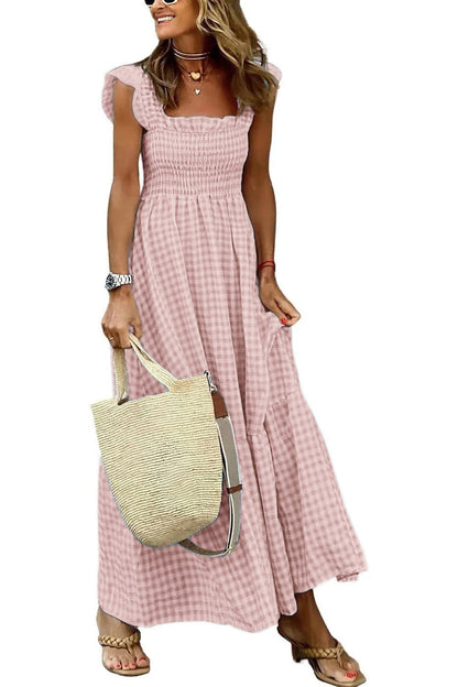 Women's Retro Plaid Smocked Dress Spaghetti Strap Flounce Long Dress With Pockets
