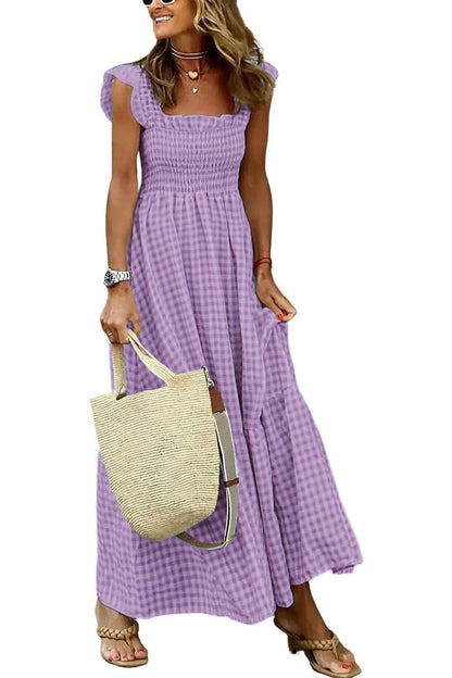 Women's Retro Plaid Smocked Dress Spaghetti Strap Flounce Long Dress With Pockets