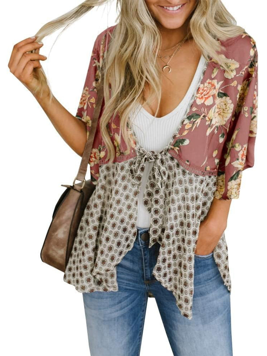Women's Floral Kimono Ruffle Sleeve Tie Cardigans Flowy Boho Loose Cover Ups