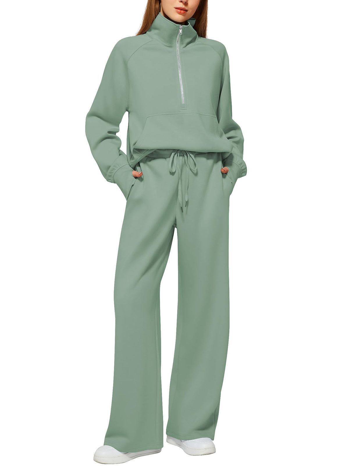 Women's Oversized Half Zip Wide Leg 2 Piece Outfits Lounge Set