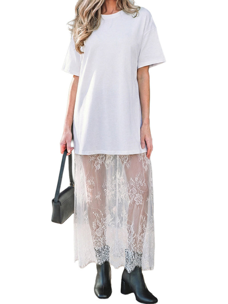 Women's Oversized T-Shirt Maxi Dress with Sheer Lace Hem Drop