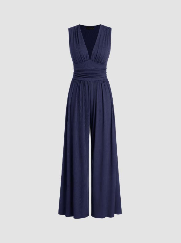 V-neck Ruched Solid Wide Leg Jumpsuit